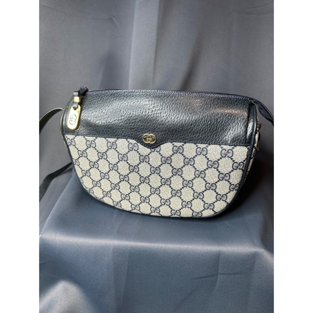 Gucci Vintage GG Supreme Monogram Crossbody Bag Navy Blue Leather Trim Italy - Picture 1 of 16